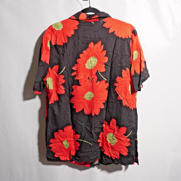 VTG Y2K Black‎ Red Flowers AOP Button Up Top Daisies Rayon Boho Retro Womens 16 - Picture 2 of 5
